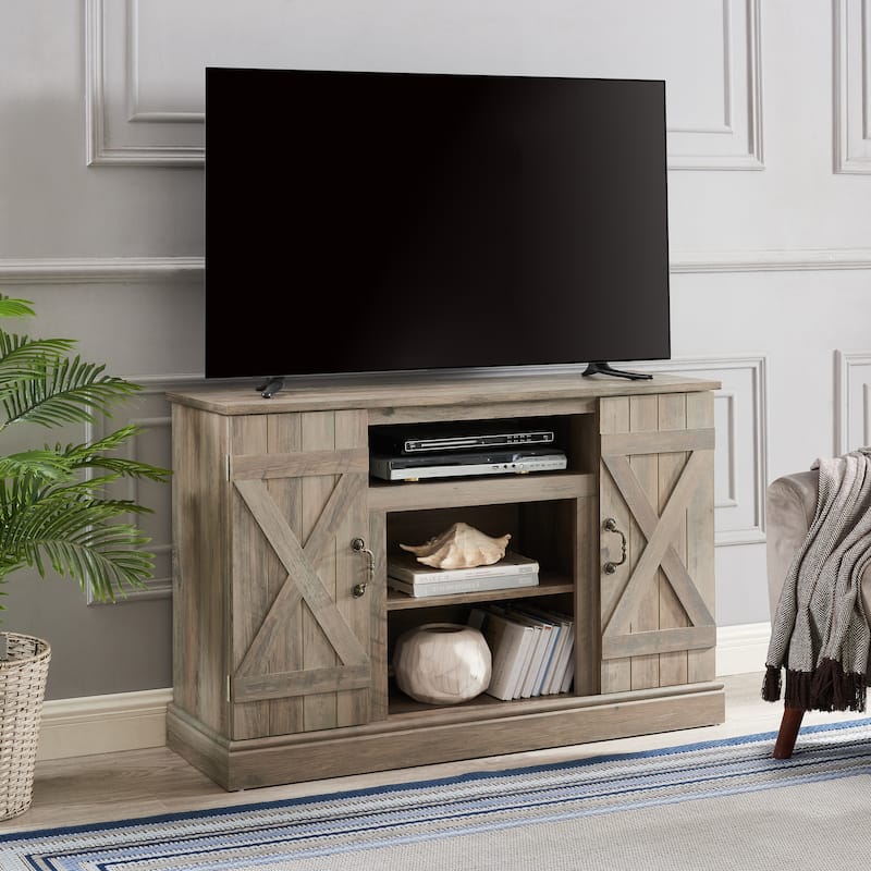 47" Farmhouse TV Console with Adjustable Shelves and Glass Cabinet Doors, Media Cabinet for TVs up to 50"