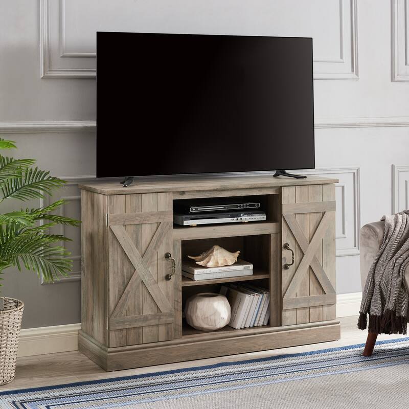 Wooden TV Stand with Barn Doors, Media Entertainment Center, Console Table with 2 Cable Management Holes & Adjustable Shelves