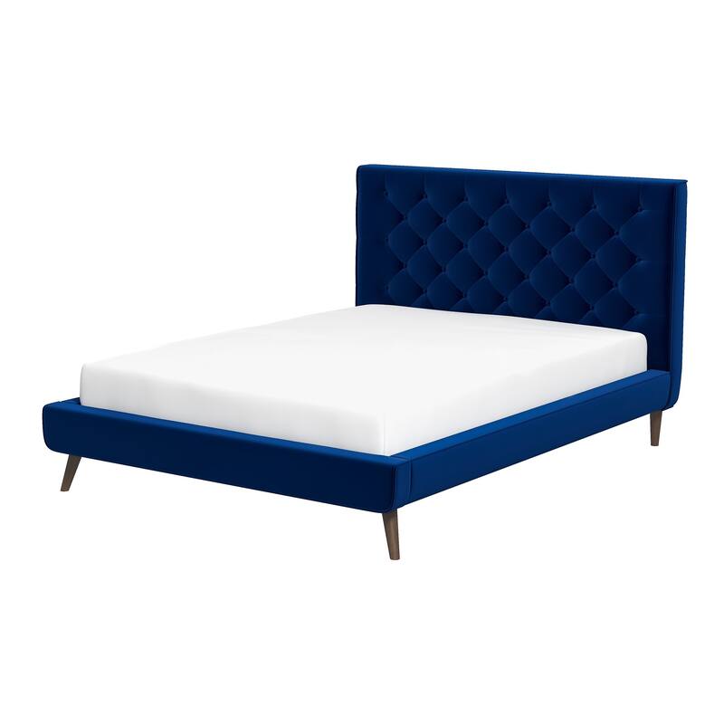 Queen Size Velvet Mid-Century Platform Bed with Tufted Headboard and Solid Wood Frame