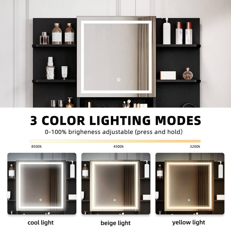Moasis 3 Drawers Vanity Desk with Mirror Lights and Hidden Storage Shelves