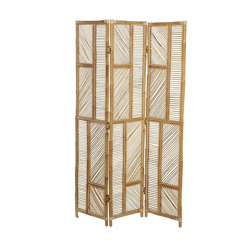 Brown Wood Hinged Foldable Partition 3 Panel Geometric Partition Room Divider Screen - 52 x 1 x 71