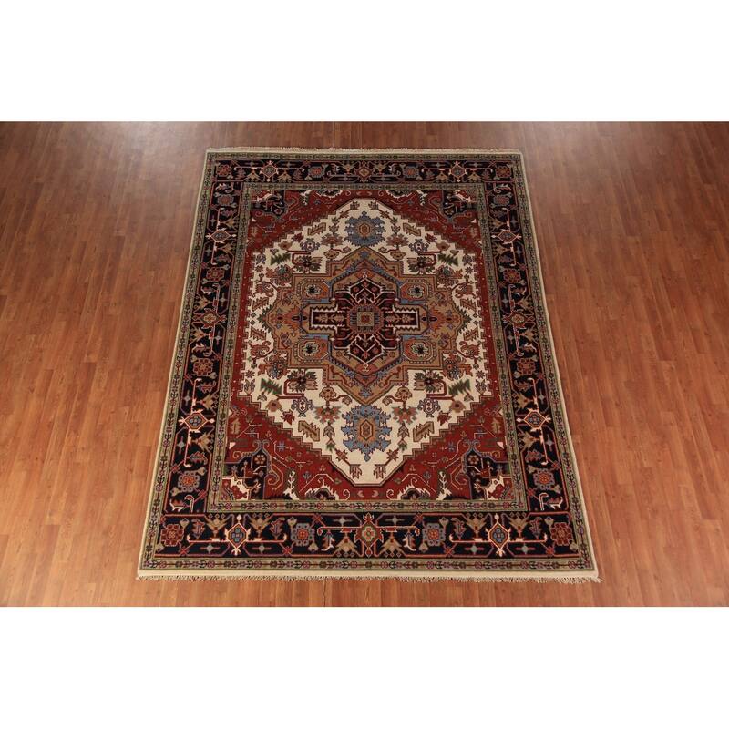 Geometric Ivory Heriz Serapi Indian Area Rug Handmade Wool Carpet - 7'9"x 10'2"