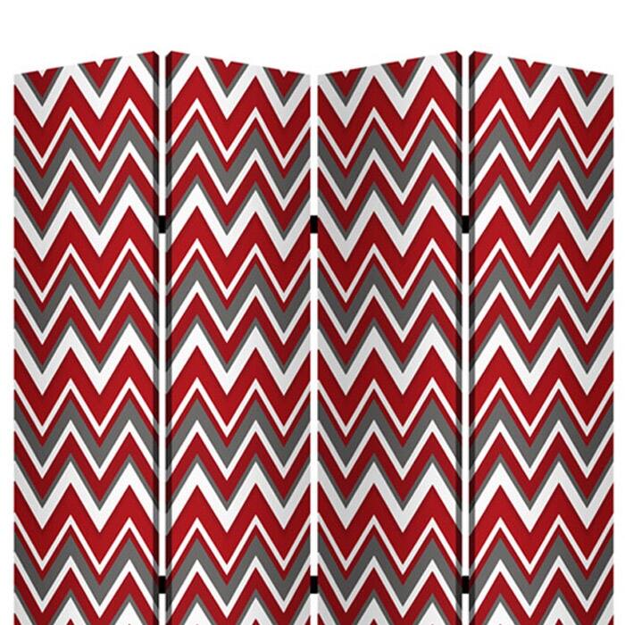 3 Panel Foldable Canvas Screen with Chevron Print, Red and White - 6 x 12