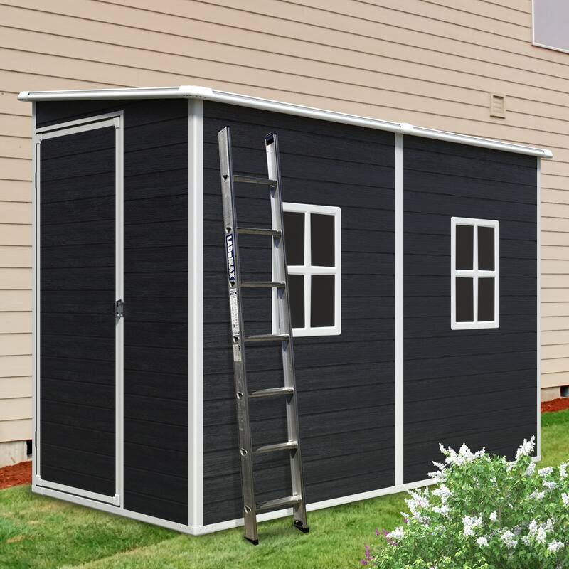 Outdoor Storage Shed Resin Plastic Lockable Waterproof UV Resistant with Windows Black - 8.01’ (L) x 4’ (W) x 5.68’ (H)