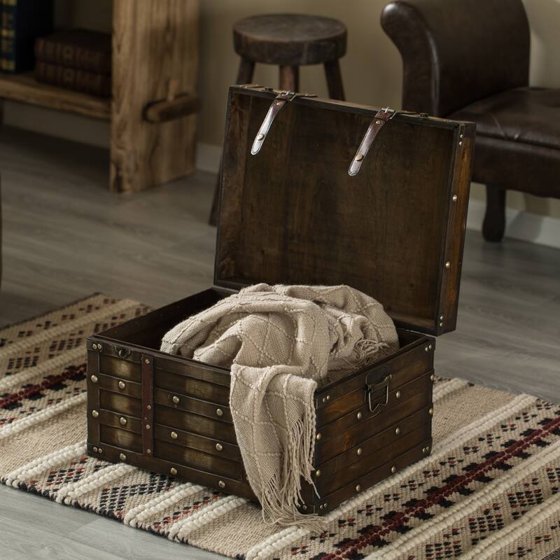Wooden Brown Storage Trunk with Faux Leather Straps and Handles