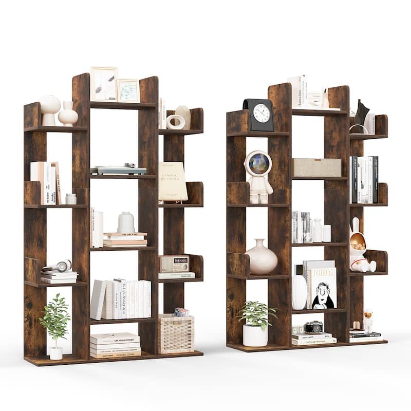 2 PCS Bookshelf Tree-Shaped Bookcase w/Storage Shelf - Brown