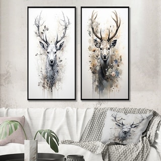 Designart "Black And White Deer Portrait" Deer Framed Art Set Of 2 - Animals Wall Art Set black Wall Decor 2 Pieces