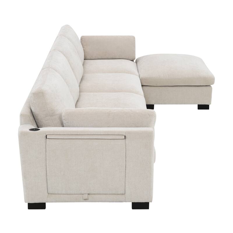 Modular L-Shaped Sectional Sofa with Foldable Table, Dual USB Charging, Side Storage Pockets and Movable Ottoman