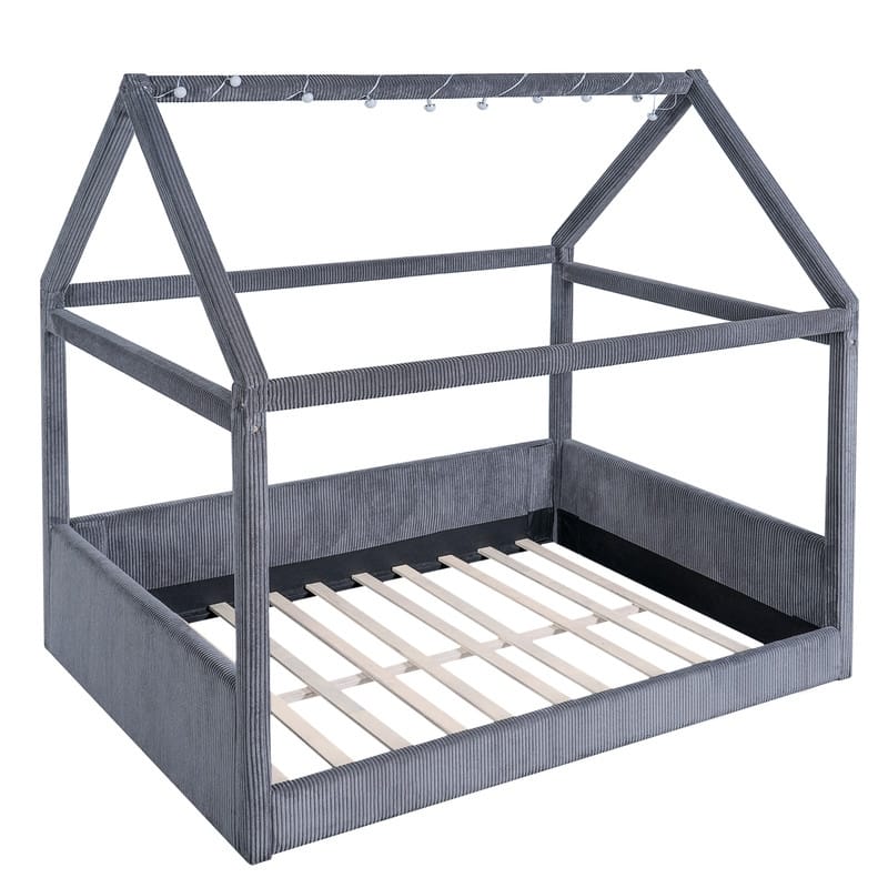 Full Size Upholstered House-Shaped Kids Bed with LED Light Strips, Corduroy Platform Bed Frame Floor Bed