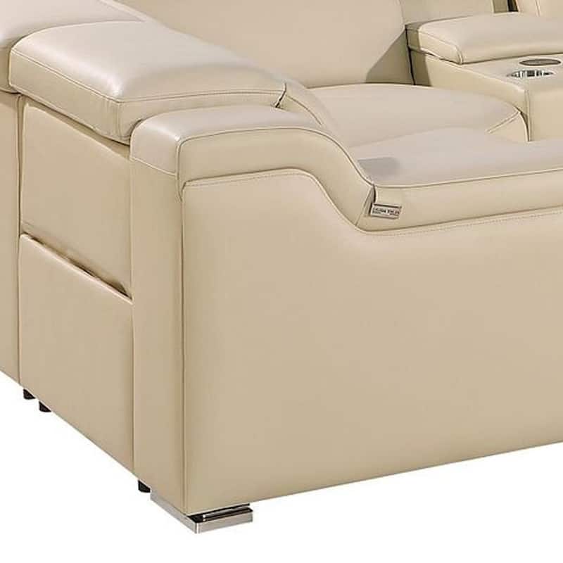 HomeRoots Beige Italian Leather Power Reclining U Shaped Eight Piece Corner Sectional With Console