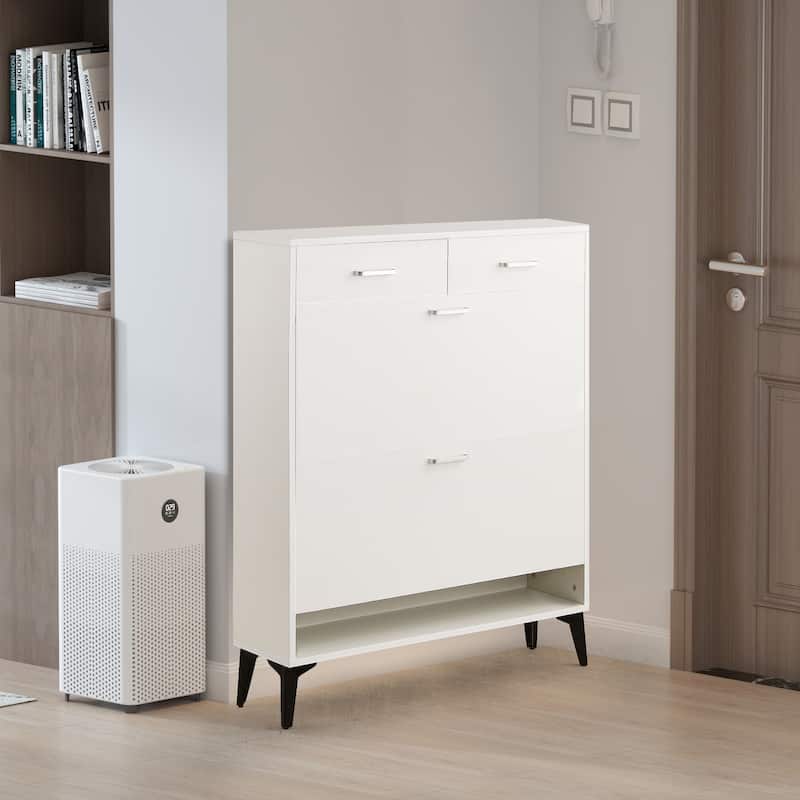 Modern Wood Shoe Storage Cabinet - 2 Flip Drawers and Drawer