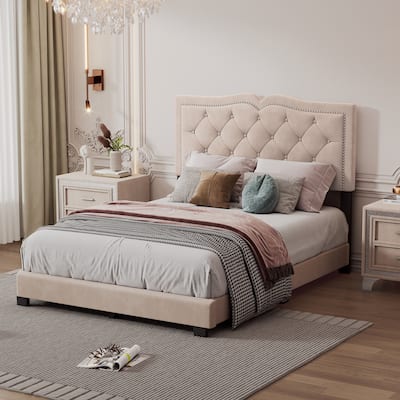 Beige Full Size Modern Velvet Platform Bed with Tufted Headboard
