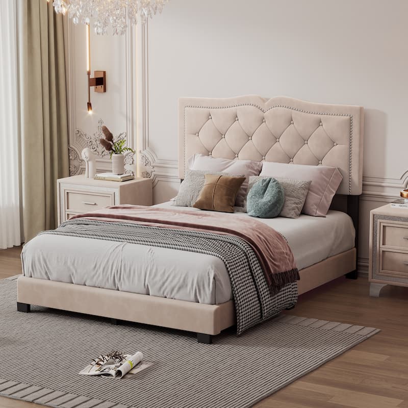 Full/Queen Size Upholstered Bed Frame with Tufted Headboard, Modern Velvet Platform Bed with Rivet Design for Bedroom Guestroom