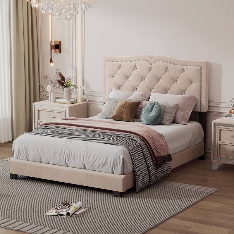 Queen/Full Size Upholstered Bed Frame with Rivet Design, Modern Velvet Platform Bed with Tufted Headboard
