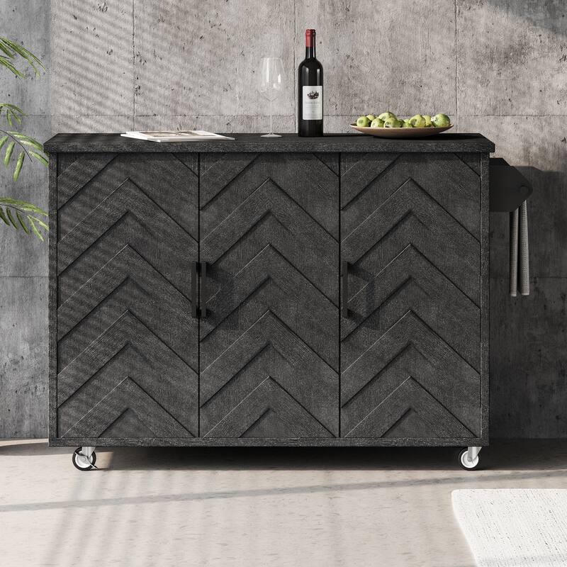 Wave Stripes Wood Finish Kitchen Island, Farmhouse Rolling Wheels Storage Cart wDrop Leaf, Internal Storage Rack for Living Room