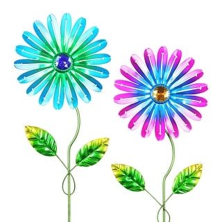 Exhart 2 Piece Metal Zinnia Flower Stake Set with Jewel Center in Teal and Pink, 6 by 15.5 Inches