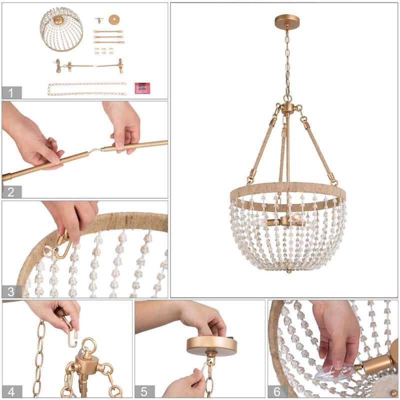 Farmhouse Metal Boho Beaded 3-Light Cage Chandelier Island Lights for Foyer Entry Dining Space - Dia. 17" x H 28.5"