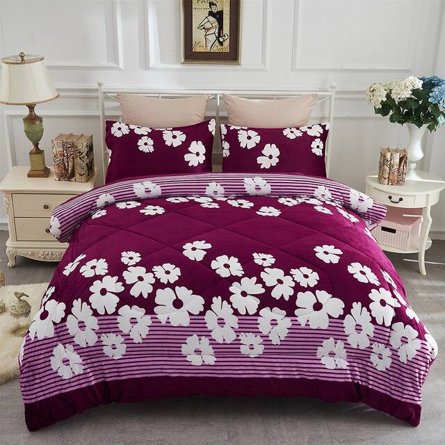 3-Piece Floral Printed Sherpa-Backing Reversible Comforter Set