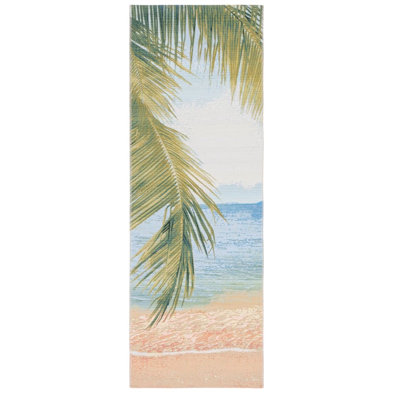 SAFAVIEH Barbados Egzona Tropical Indoor/ Outdoor Waterproof Patio Backyard Rug - Gold/Blue - 2'8" x 10'5" Runner