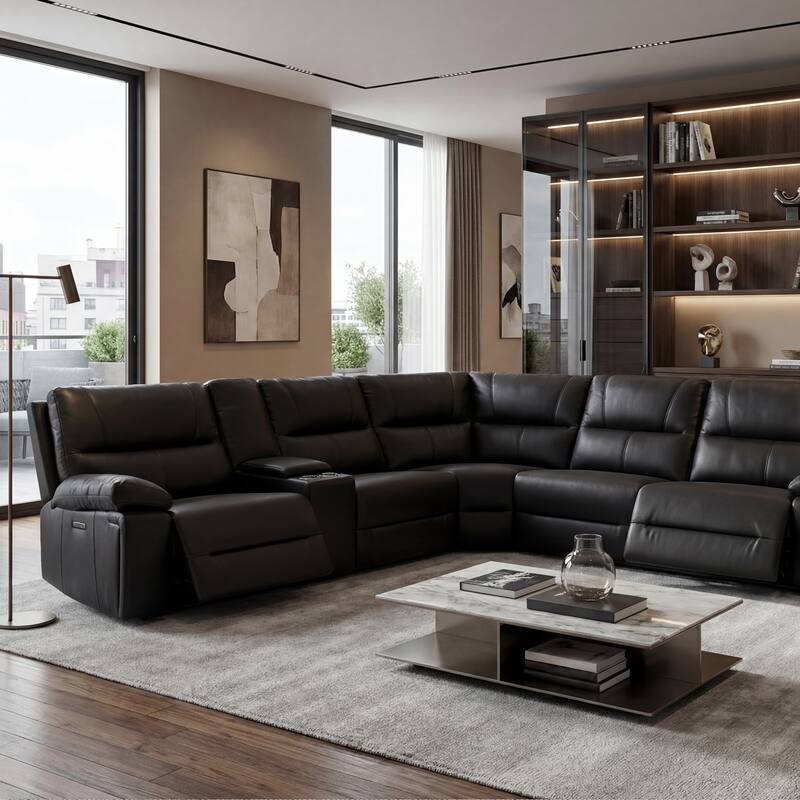 Malibu 130" 6-Piece Leather & Faux Leather Power Reclining Sectional - Coal Black