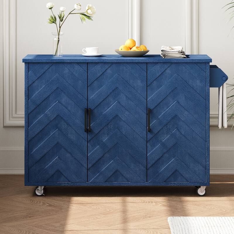 Wave Stripes Ash Veneer Kitchen Island with Drop Leaf, Kitchen Island on Wheels with Internal Storage Rack, Rolling Kitchen Cart
