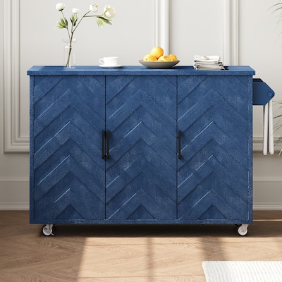 Wave Stripes Ash Veneer Kitchen Island with Drop Leaf, Kitchen Island on Wheels with Internal Storage Rack, Rolling Kitchen Cart