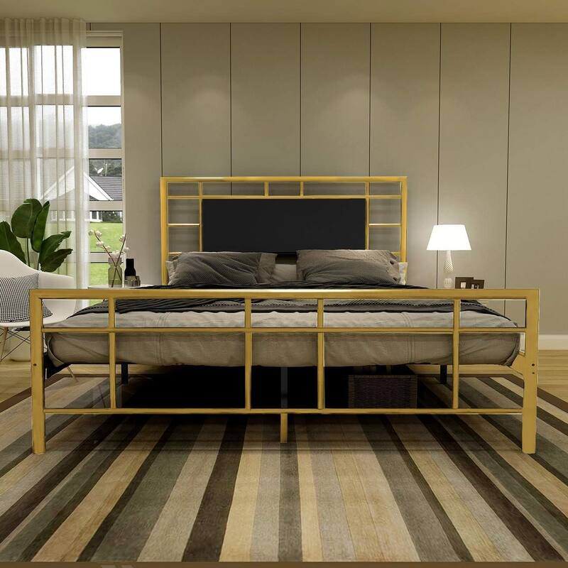 Goutwel Metal Platform Bed Frame with Headboard and Footboard - Gold - Queen