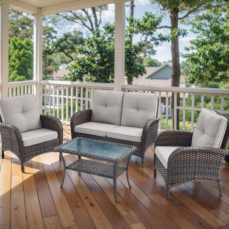 Patio Wicker Chair with Loveseat Coffee Table - Brown - Beige