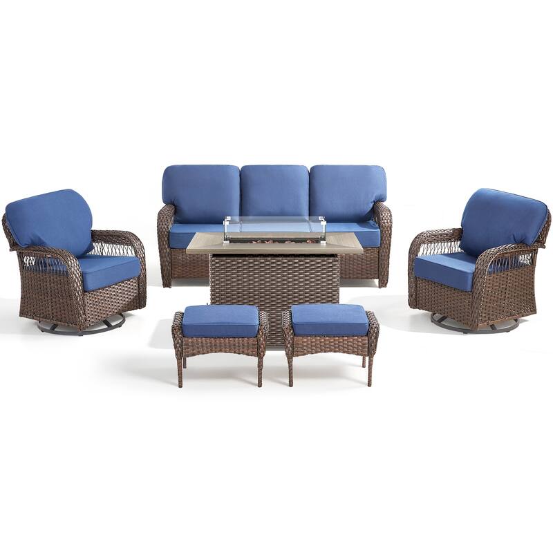 Pocassy Outdoor Fire Table with Swivel Chair Sofa Ottoman Funiture Set.