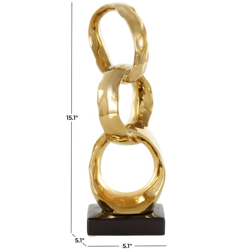 Silver or Gold Ceramic Interlocked Ring Abstract Decorative Sculpture with Black Base