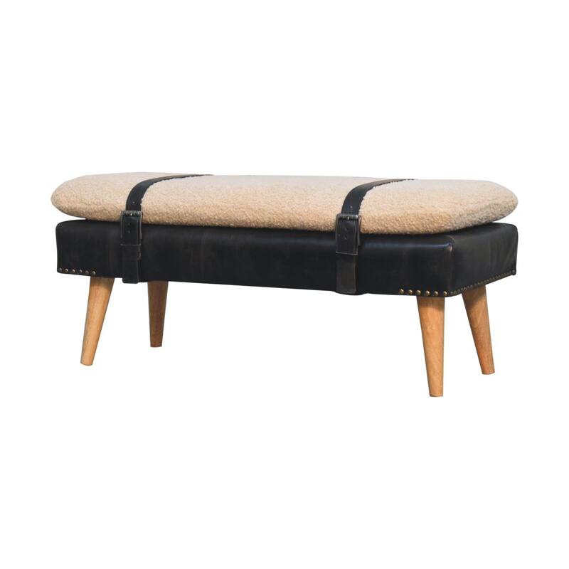 Artisan Furniture Solid Wood Bouclé Buffalo Hide Black Leather Bench