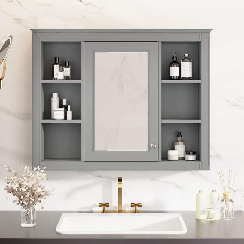 35'' x 27.5'' Modern Bathroom Wall Medicine Cabinet, Wall Mounted Bathroom Storage Cabinet with Mirror and 6 Open Shelves - N/A - grey