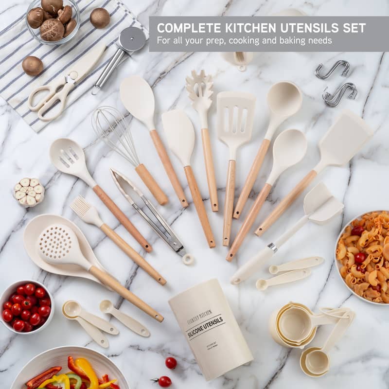 Country Kitchen Non Stick Silicone Utensil Set with Rounded Wood Handles for Cooking and Baking, 38 Piece Set