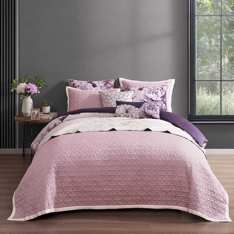 Bebejan Plum Petal 8 Piece 100 % Cotton Sateen Reversible Comforter & Coverlet Set