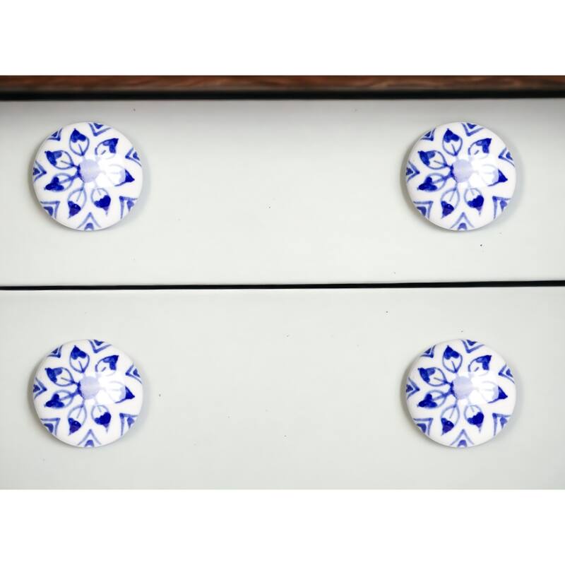 Set of 8 Hand-Painted Blue & White Floral Ceramic Cabinet Knobs Traditional Vintage Drawer Pulls with Metal Base