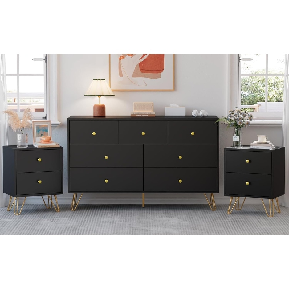 Modern Black and Gold 7-Drawer Dresser and Nightstand Set with Golden Handles