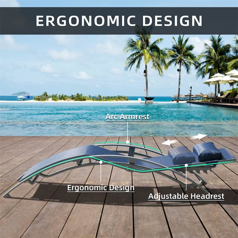 5 Adjustable Aluminum Textile Outdoor Patio Recliner Chairs in Gray, 2 Lounge Chairs and 1 Table - N/A