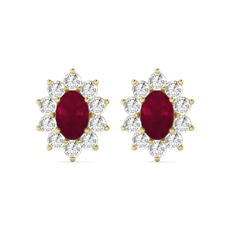 Marquee Oval Shape Ruby and Diamond Flower Earrings in 14K Yellow Gold