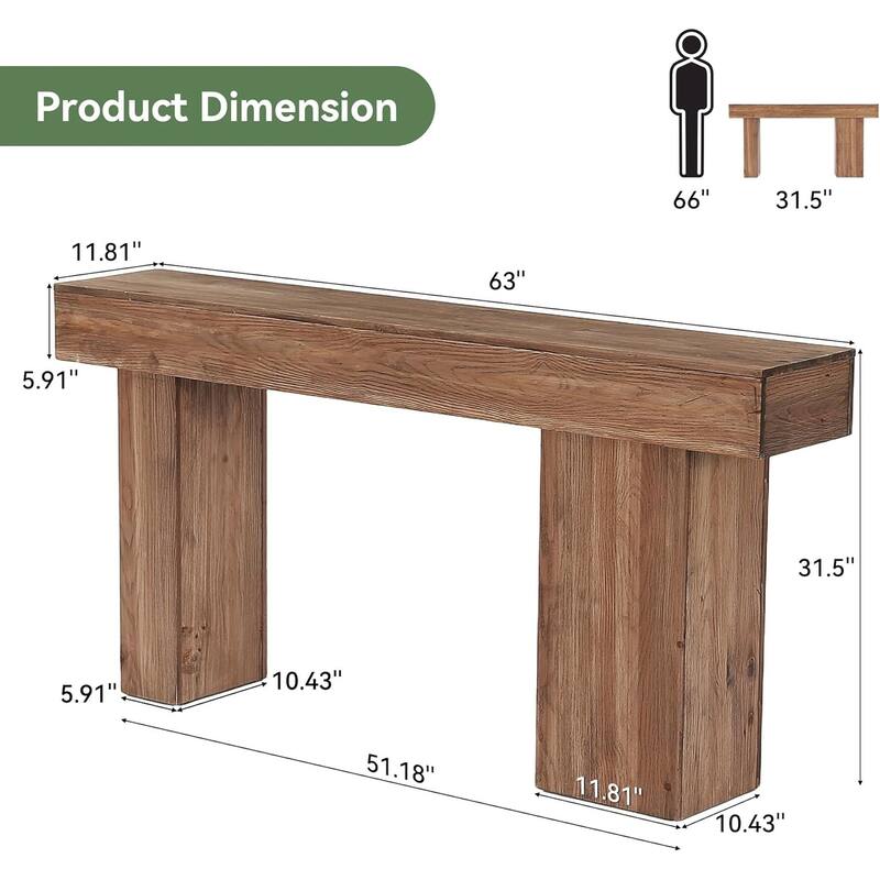 Solid Wood Entryway Console Table, 63-Inch Farmhouse Sofa Table Behind Couch - 63" L × 11.81" W × 31.5" H