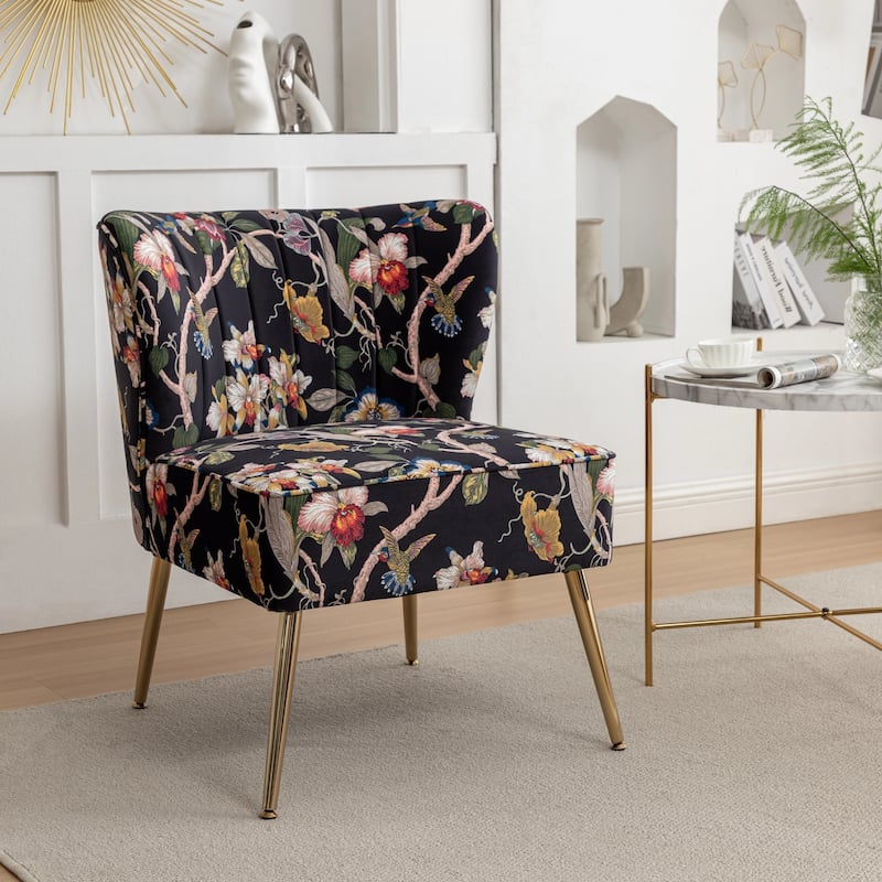 Velvet Floral Accent Chair with Gold Legs, Modern Comfy Tufted Side Chair for Living Room/Bedroom - Black
