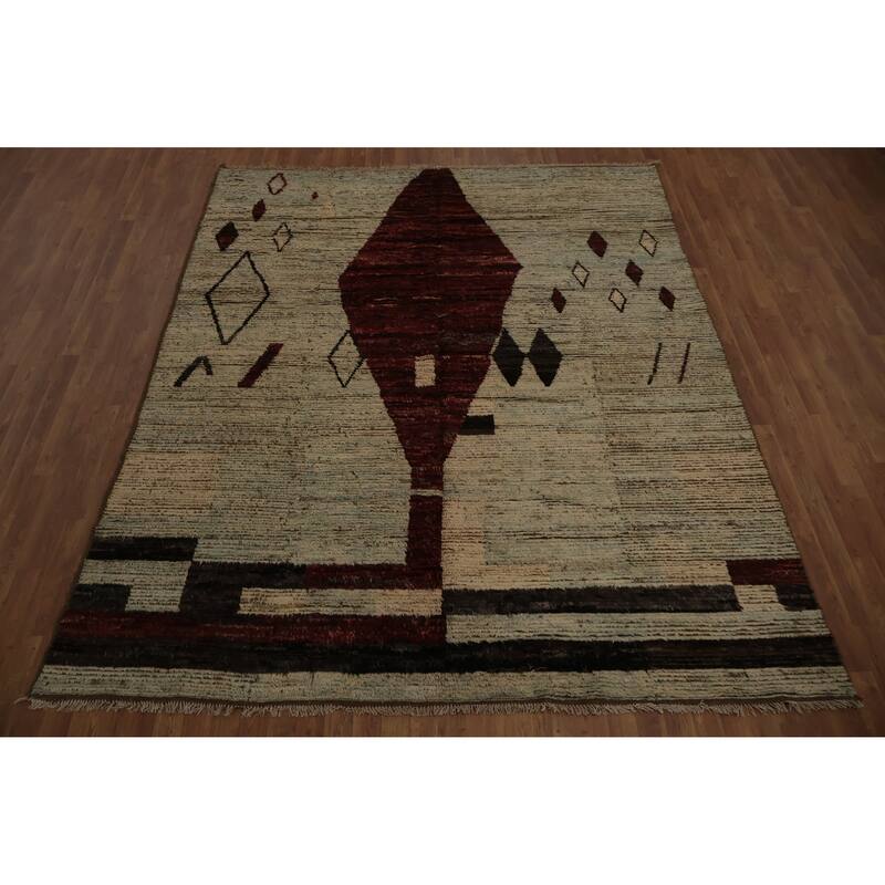Hand Knotted Oriental 100% Wool Carpet Modern Tribal Beige & Ivories Moroccan Area Rug - 9' 10'' X 8' 0''