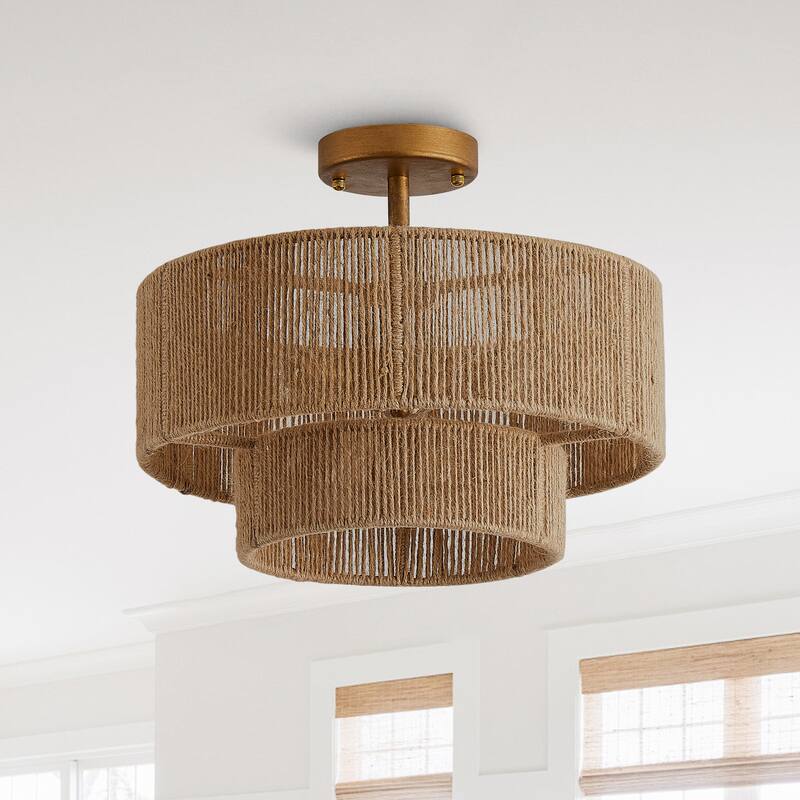 Bohemian Gold Natural Handmade Jute Rope 3-Light Two-Tier Drum Semi-Flush Mount Ceiling Light - 15.4"Wx12.6"H