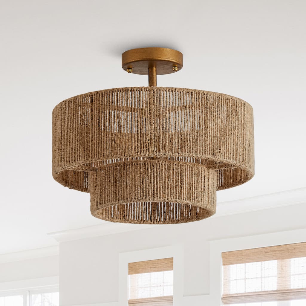 Bohemian Gold Natural Handmade Jute Rope 3-Light Two-Tier Drum Semi-Flush Mount Ceiling Light - 15.4"Wx12.6"H
