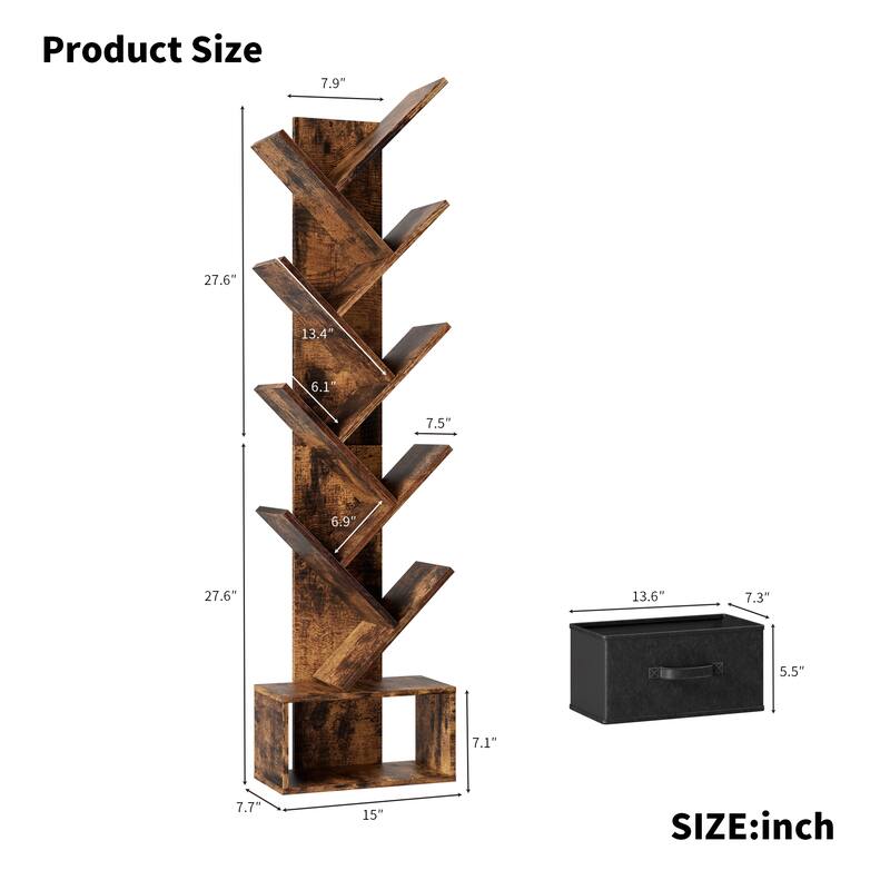 9 Tier Tree Bookshelf with Drawer Bookcase, Modern Book Storage, Free Standing Tree Bookcase, Utility Organizer Shelves
