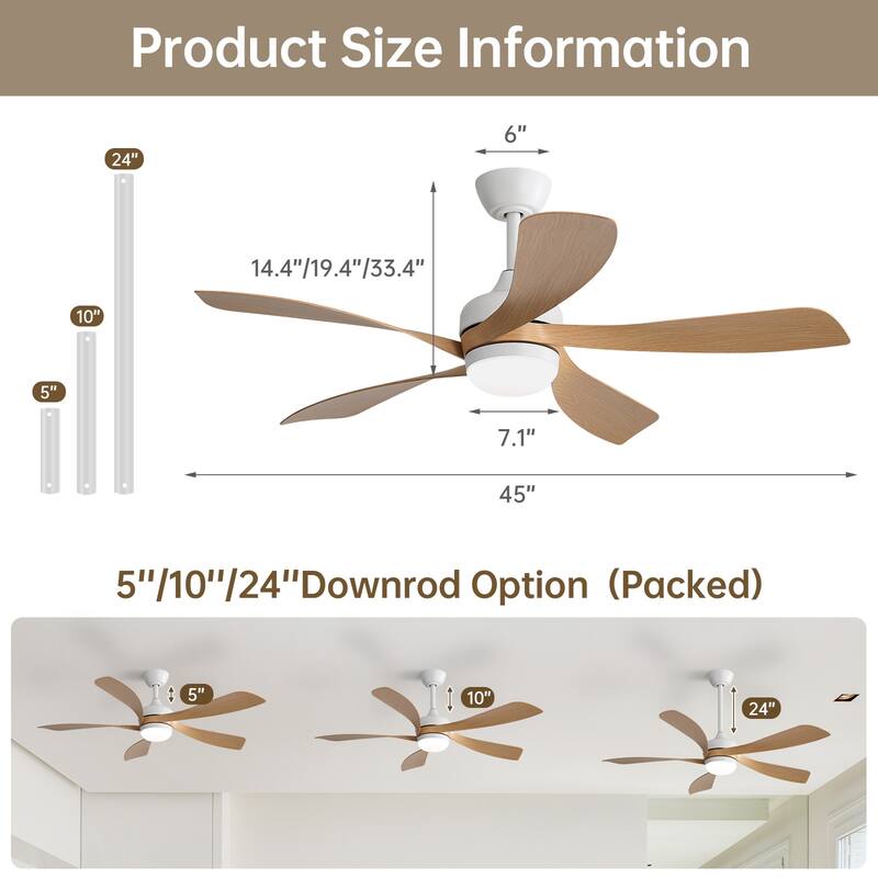 Sofucor 45 Inch Ceiling Fan with Light and Remote,Indoor/Outdoor with 3-Timer,Low Profile Quiet for Bedroom Living Room Patio