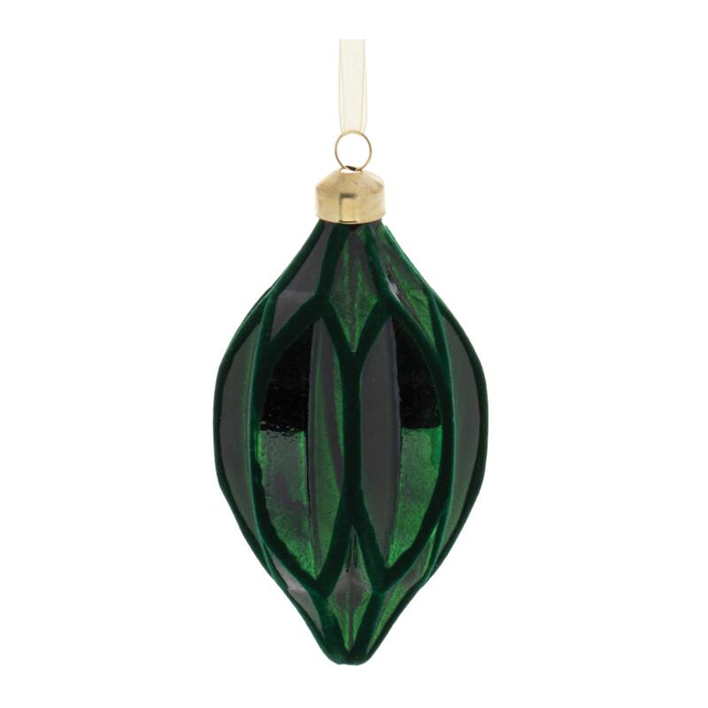 Green Velvet Glass Ribbed Ornaments Set of 12 Ball Onion Oblong Decor - 3” x 3” x 3.5” (L x W x H)