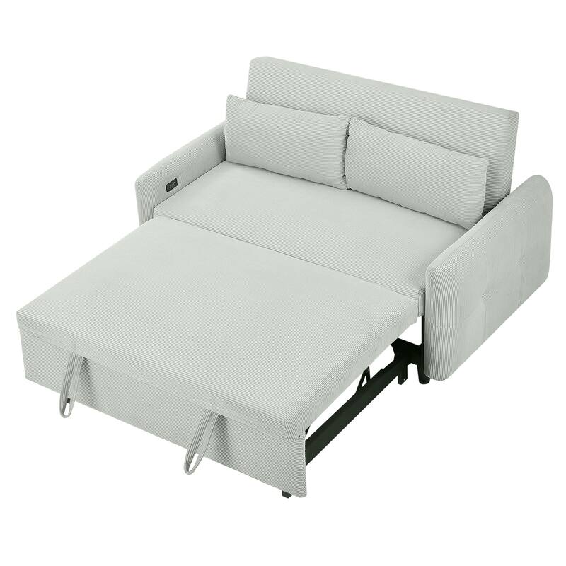 Corduroy Fabric Convertible Sofa Bed, Sleeper Sofa with Throw Pillows and USB Ports, 2 Seat Loveseat with Adjustable Backrest
