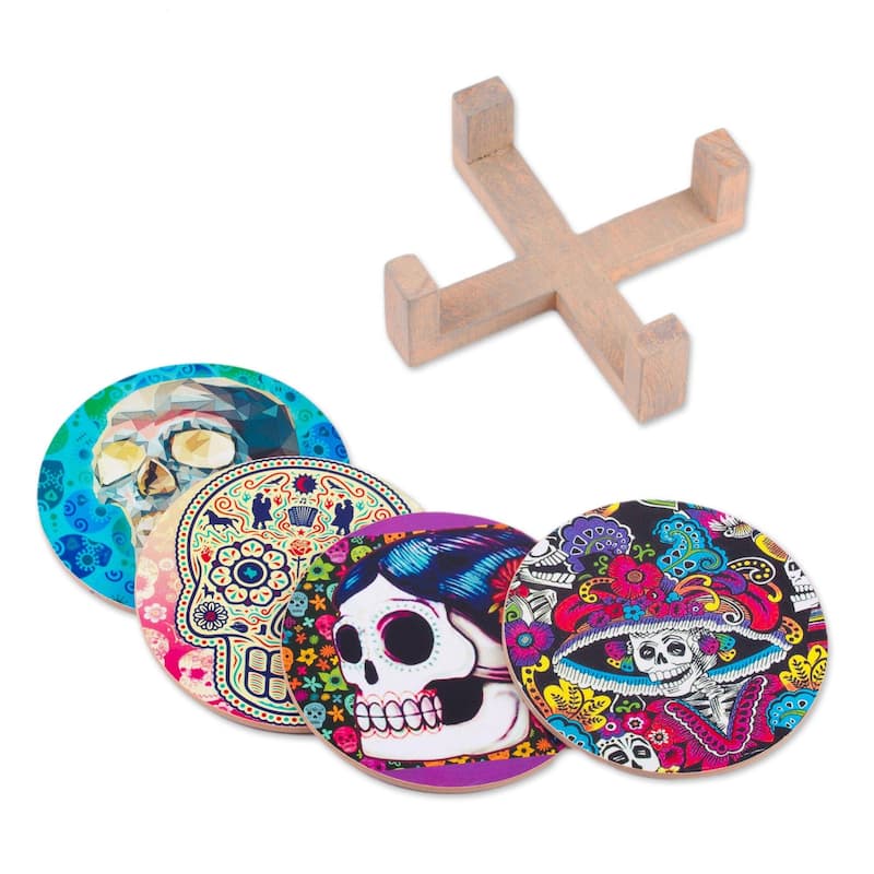 NOVICA Artisan Handblown Decoupage Coasters Multicolor Skull Halloween Wood Mexican Barware 'Festival of the Dead' (Set of 4)
