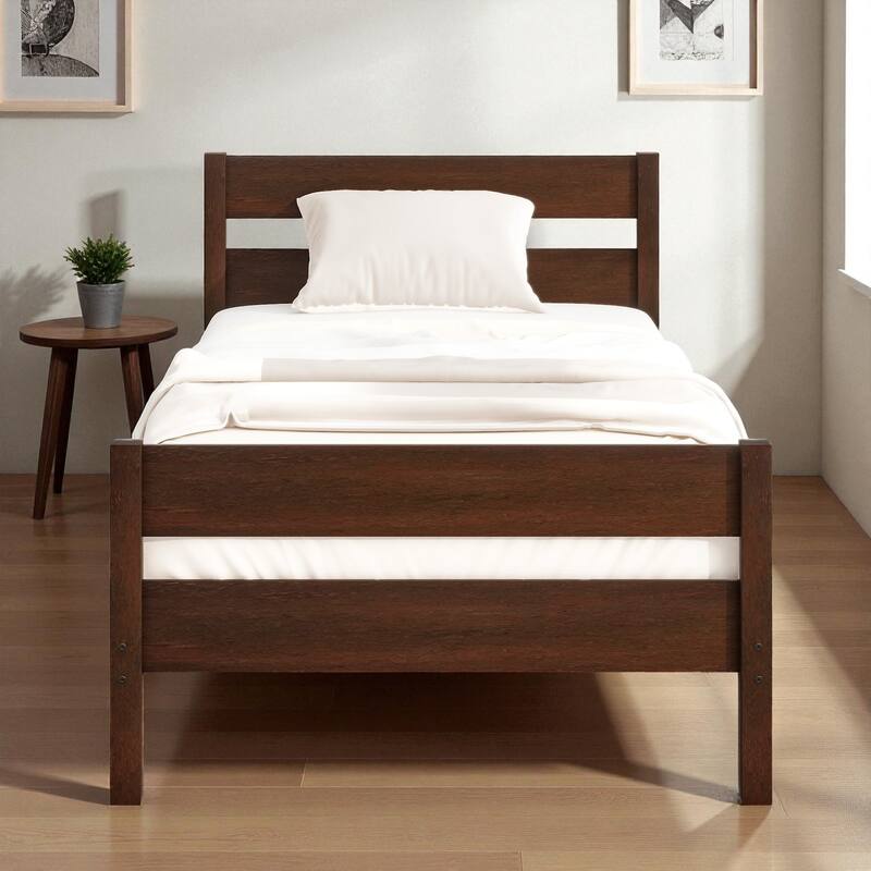 Twin Bed with Headboard and Footboard, Solid Rubber Wood Frame with Under-Bed Storage and Durable Slat Support