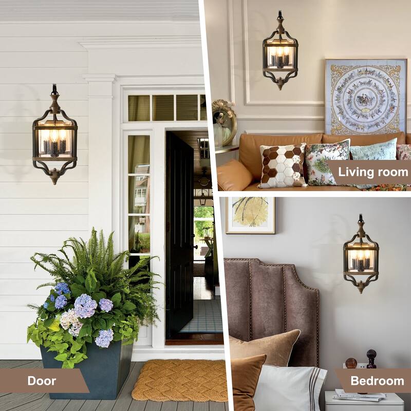 CurveCurio 17"Antique Metal Lantern Wall Sconce w/ Wood Accents and Texteured Round Glass Shade-3 Lights Wall Light - 12"*7"*17"